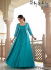 Sky Blue Colour Fancy Festive Long Flair Stylish Gown With Digital Print Jacket Design Pure Maslin Collection 11004